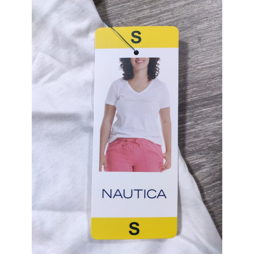 Nautica Womens V-Neck T-Shirt White Studded Logo Short Sleeve Tee Small NEW